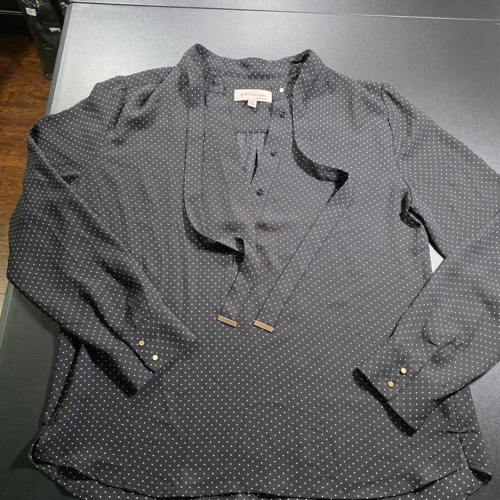 Philosophy Republic Clothing Black Polka Dot Tie Neck Blouse Gold Hardware Med